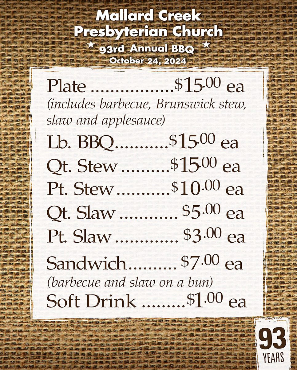 2024 Mallard Creek Church BBQ Price List